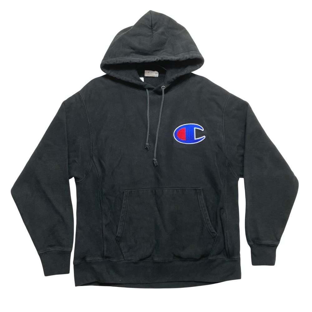 Champion Hoodie Mens L Black Reverse Weave GF68 BKC Chenille Logo Patch Pullover